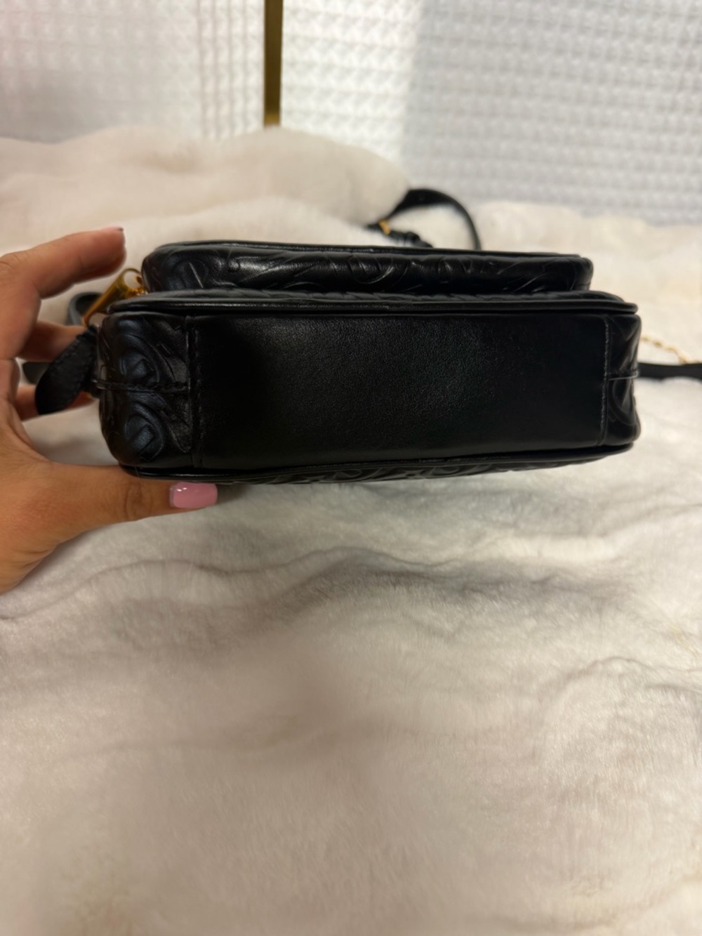 Burberry Monogram Embossed Leather Camera Bag Black Gold Chain Crossbody - Picture 3 of 13